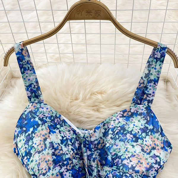 Summer Charm Women Fashion Chiffon Sleeveless Floral Spaghetti Strap Ruched High Waist A Line Puffy Dress