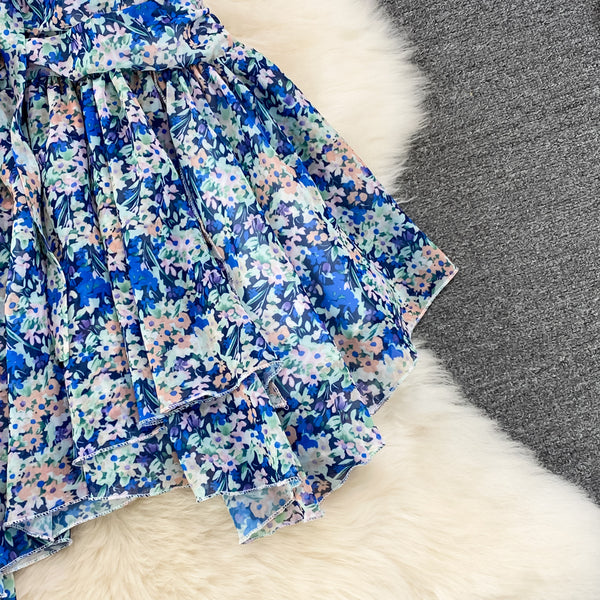 Summer Charm Women Fashion Chiffon Sleeveless Floral Spaghetti Strap Ruched High Waist A Line Puffy Dress