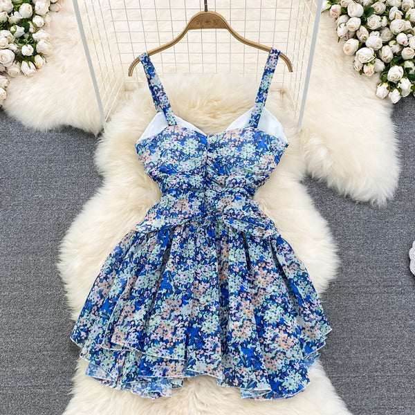 Summer Charm Women Fashion Chiffon Sleeveless Floral Spaghetti Strap Ruched High Waist A Line Puffy Dress