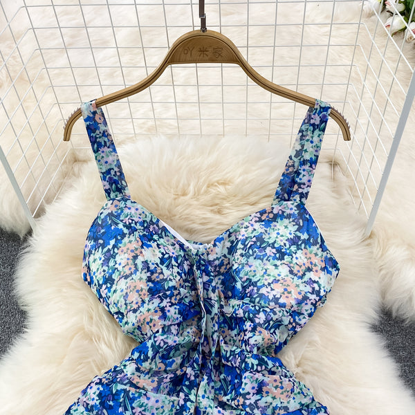 Summer Charm Women Fashion Chiffon Sleeveless Floral Spaghetti Strap Ruched High Waist A Line Puffy Dress