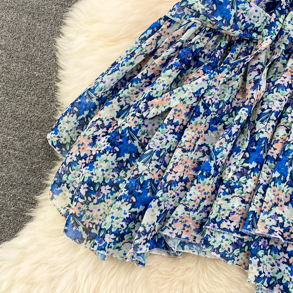 Summer Charm Women Fashion Chiffon Sleeveless Floral Spaghetti Strap Ruched High Waist A Line Puffy Dress