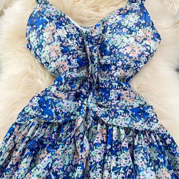 Summer Charm Women Fashion Chiffon Sleeveless Floral Spaghetti Strap Ruched High Waist A Line Puffy Dress