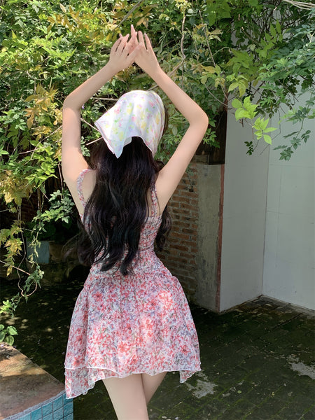 Temperament Sexy Chic Women Floral Printed Sweetheart Neckline Sleeveless High Waist Pleated A Line Dress