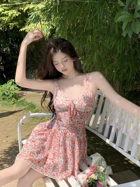 Temperament Sexy Chic Women Floral Printed Sweetheart Neckline Sleeveless High Waist Pleated A Line Dress