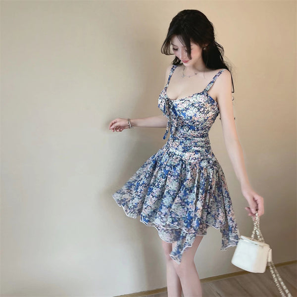 Temperament Sexy Chic Women Floral Printed Sweetheart Neckline Sleeveless High Waist Pleated A Line Dress