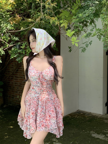 Temperament Sexy Chic Women Floral Printed Sweetheart Neckline Sleeveless High Waist Pleated A Line Dress