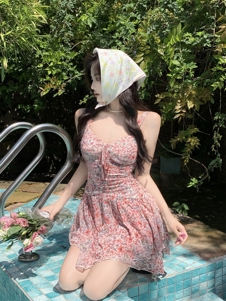 Temperament Sexy Chic Women Floral Printed Sweetheart Neckline Sleeveless High Waist Pleated A Line Dress