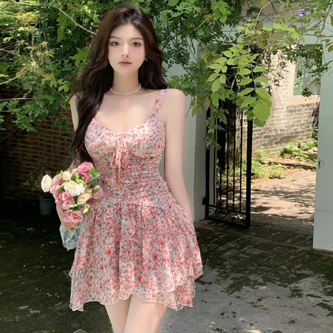 Temperament Sexy Chic Women Floral Printed Sweetheart Neckline Sleeveless High Waist Pleated A Line Dress