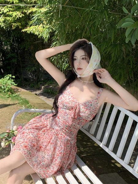 Temperament Sexy Chic Women Floral Printed Sweetheart Neckline Sleeveless High Waist Pleated A Line Dress