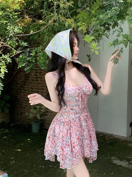 Temperament Sexy Chic Women Floral Printed Sweetheart Neckline Sleeveless High Waist Pleated A Line Dress