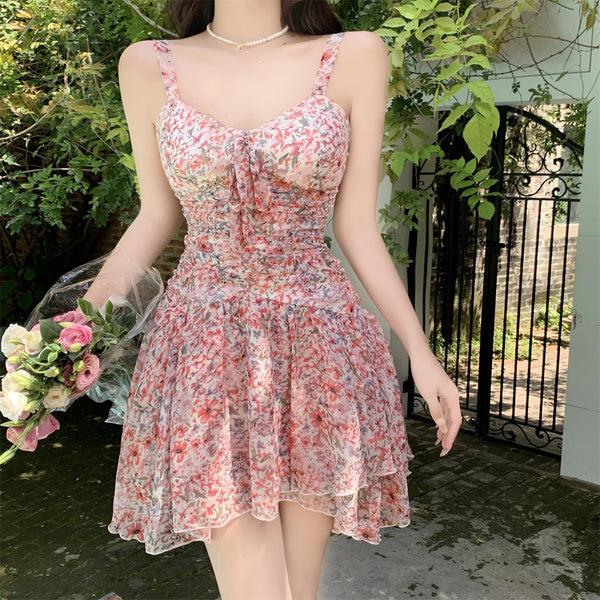 Temperament Sexy Chic Women Floral Printed Sweetheart Neckline Sleeveless High Waist Pleated A Line Dress