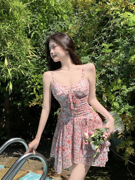 Temperament Sexy Chic Women Floral Printed Sweetheart Neckline Sleeveless High Waist Pleated A Line Dress