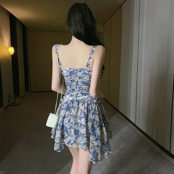Temperament Sexy Chic Women Floral Printed Sweetheart Neckline Sleeveless High Waist Pleated A Line Dress