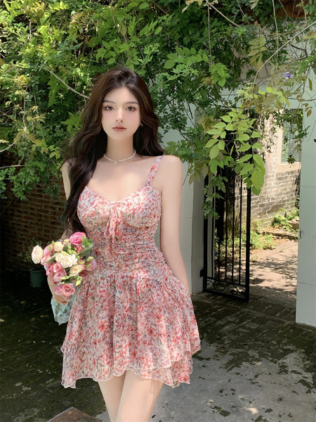 Temperament Sexy Chic Women Floral Printed Sweetheart Neckline Sleeveless High Waist Pleated A Line Dress