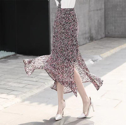 Summer Temperament Women Pleated High Waist A line Ruffle Hem Mermaid Fishtail Lotus Hem Cake Skirt Skirts