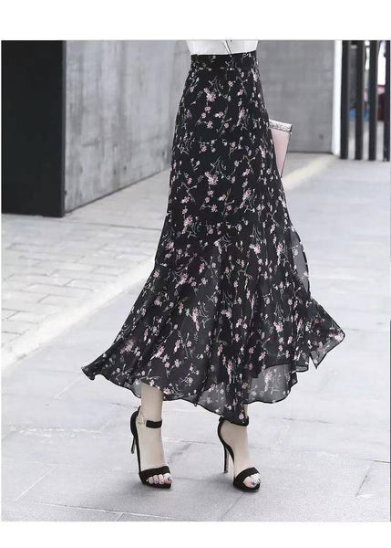 Summer Temperament Women Pleated High Waist A line Ruffle Hem Mermaid Fishtail Lotus Hem Cake Skirt Skirts