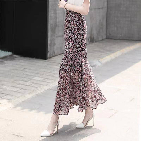 Summer Temperament Women Pleated High Waist A line Ruffle Hem Mermaid Fishtail Lotus Hem Cake Skirt Skirts