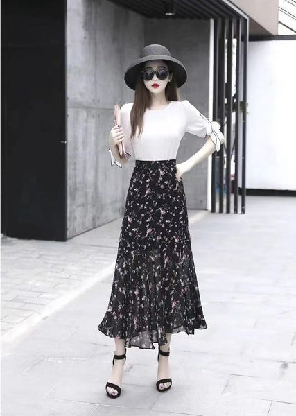 Summer Temperament Women Pleated High Waist A line Ruffle Hem Mermaid Fishtail Lotus Hem Cake Skirt Skirts