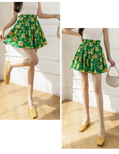Fancy Cute Women Ditsy Floral Printed High Waisted Short Pleated Skater Ruffled Skate A Line Skirt