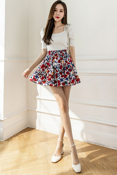 Fancy Cute Women Ditsy Floral Printed High Waisted Short Pleated Skater Ruffled Skate A Line Skirt