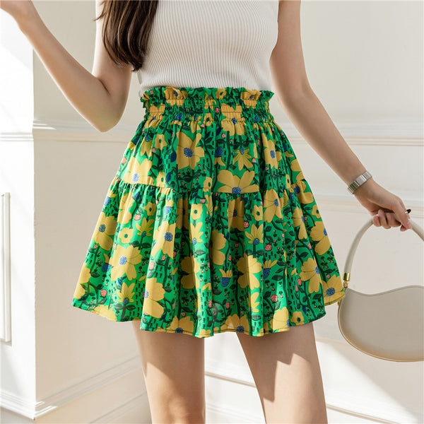 Fancy Cute Women Ditsy Floral Printed High Waisted Short Pleated Skater Ruffled Skate A Line Skirt