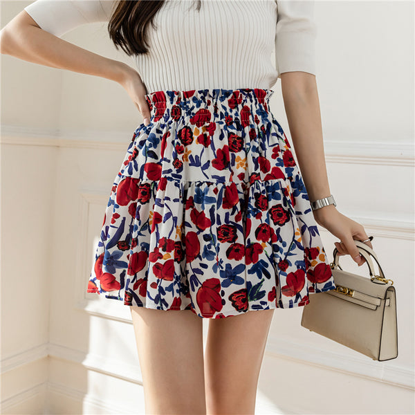 Fancy Cute Women Ditsy Floral Printed High Waisted Short Pleated Skater Ruffled Skate A Line Skirt