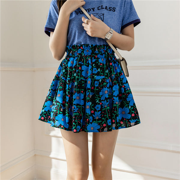 Fancy Cute Women Ditsy Floral Printed High Waisted Short Pleated Skater Ruffled Skate A Line Skirt