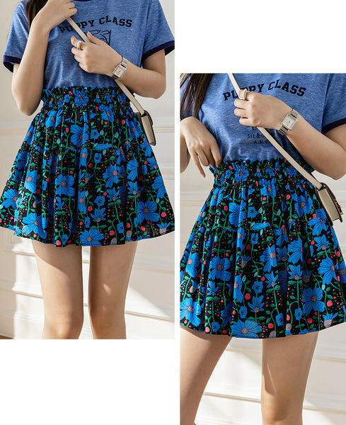 Fancy Cute Women Ditsy Floral Printed High Waisted Short Pleated Skater Ruffled Skate A Line Skirt