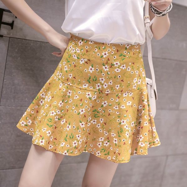Spring Summer Vintage Women Fashion Floral Printed High Waist Short Pleated A Line Girly Above Knee Skirt Skirts