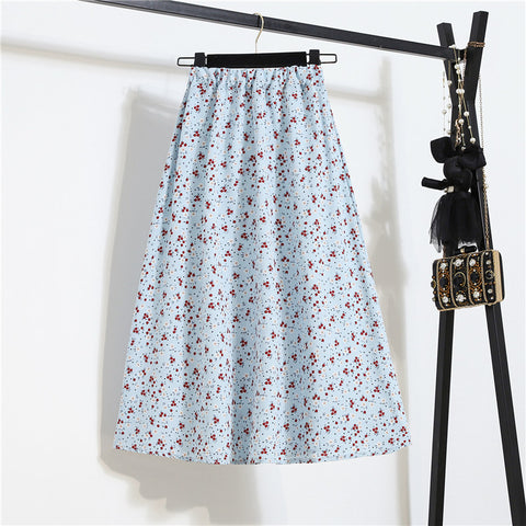 Spring Summer Vintage Women Fashion Floral Printed High Waist Long Pleated Maxi Girly Blue Skirt Skirts Dress