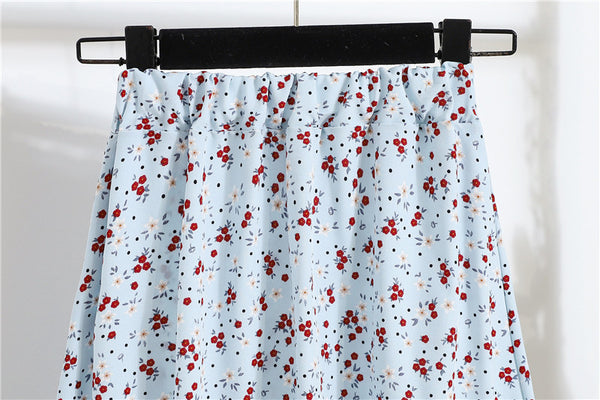 Spring Summer Vintage Women Fashion Floral Printed High Waist Long Pleated Maxi Girly Blue Skirt Skirts Dress