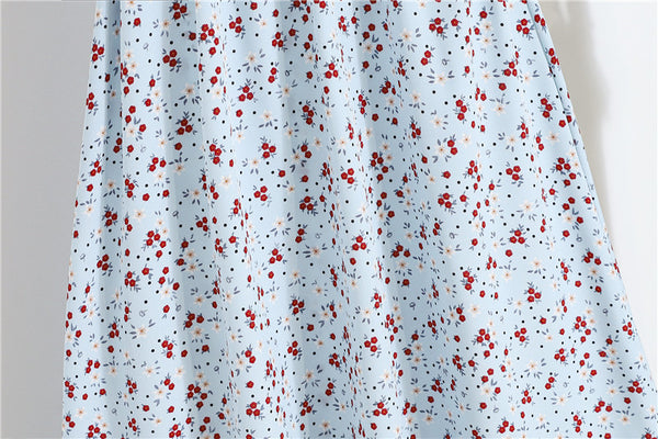 Spring Summer Vintage Women Fashion Floral Printed High Waist Long Pleated Maxi Girly Blue Skirt Skirts Dress