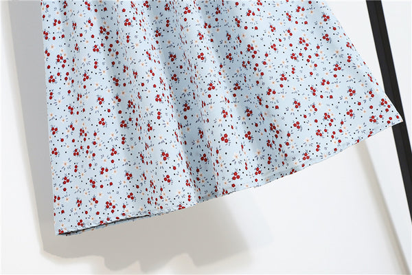 Spring Summer Vintage Women Fashion Floral Printed High Waist Long Pleated Maxi Girly Blue Skirt Skirts Dress