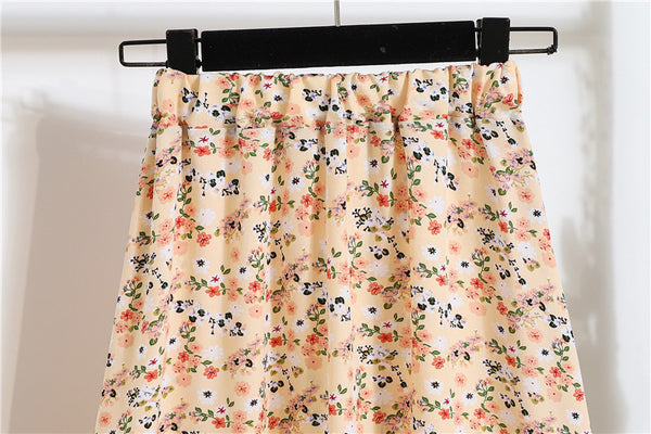 Spring Summer Vintage Women Fashion Floral Printed High Waist Long Pleated Maxi Girly Orange Skirt Skirts Dress