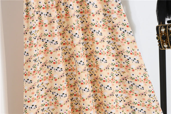 Spring Summer Vintage Women Fashion Floral Printed High Waist Long Pleated Maxi Girly Orange Skirt Skirts Dress