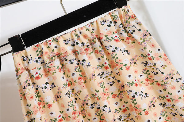Spring Summer Vintage Women Fashion Floral Printed High Waist Long Pleated Maxi Girly Orange Skirt Skirts Dress