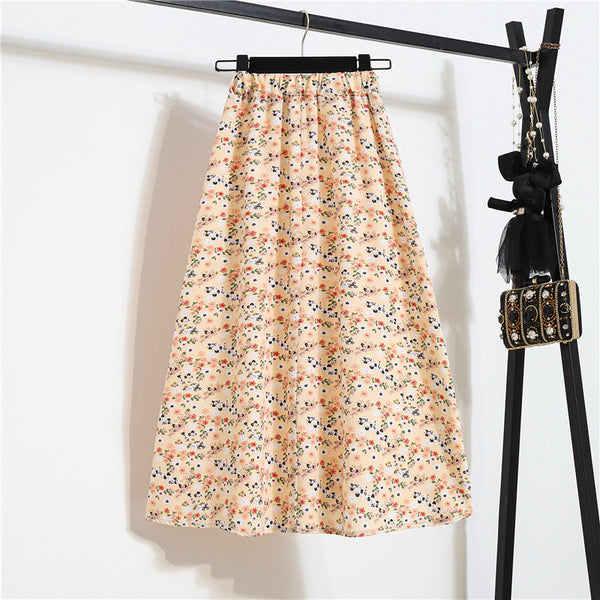 Spring Summer Vintage Women Fashion Floral Printed High Waist Long Pleated Maxi Girly Orange Skirt Skirts Dress