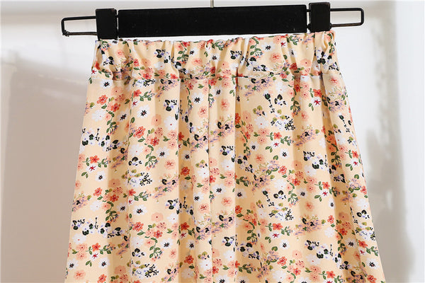 Spring Summer Vintage Women Fashion Floral Printed High Waist Long Pleated Maxi Girly Orange Skirt Skirts Dress