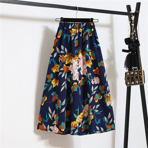 Chic Summer Vintage Women Fashion Floral Printed Blue Color High Waist Long Pleated Maxi Girly Skirt Skirts Dress