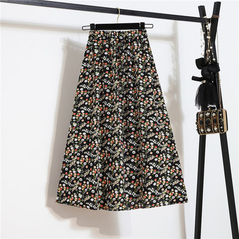 Beautiful Summer Vintage Women Fashion Colorful Floral Printed Black High Waist Long Pleated Maxi Girly Skirt Skirts Dress