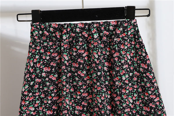 Sparkly Summer Vintage Women Fashion Pink Daisy Floral Printed Black High Waist Long Pleated Maxi Girly Skirt Skirts Dress