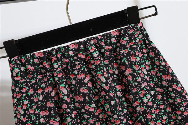 Sparkly Summer Vintage Women Fashion Pink Daisy Floral Printed Black High Waist Long Pleated Maxi Girly Skirt Skirts Dress