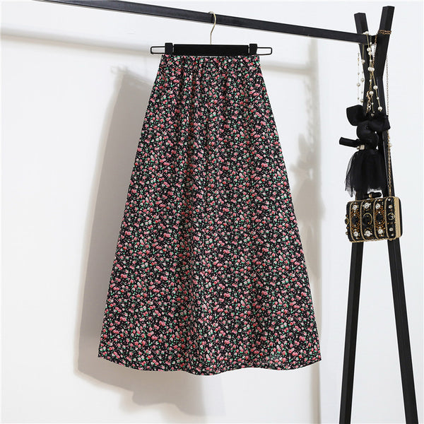 Sparkly Summer Vintage Women Fashion Pink Daisy Floral Printed Black High Waist Long Pleated Maxi Girly Skirt Skirts Dress