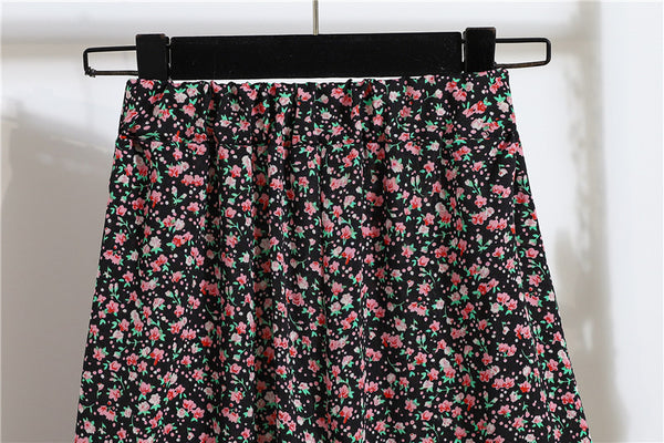 Sparkly Summer Vintage Women Fashion Pink Daisy Floral Printed Black High Waist Long Pleated Maxi Girly Skirt Skirts Dress