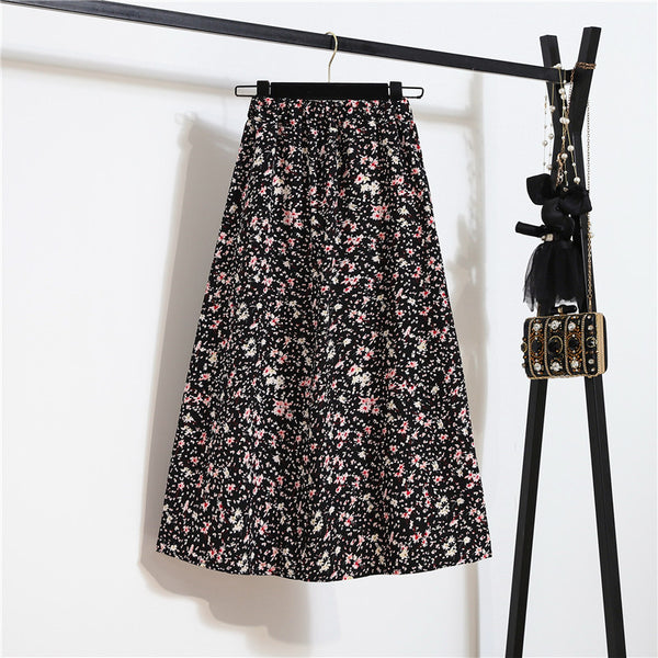 Great Look Summer Vintage Women Fashion Daisy Floral Printed Black High Waist Long Pleated Maxi Girly Skirt Skirts Dress