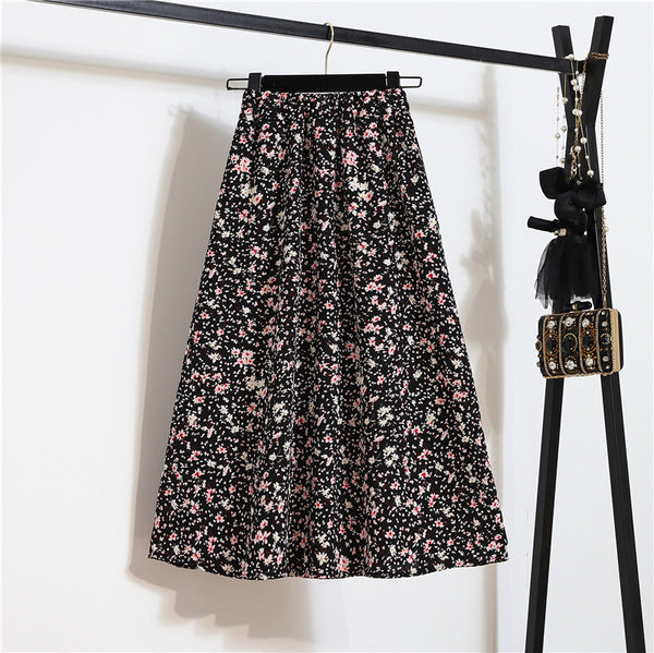 Great Look Summer Vintage Women Fashion Daisy Floral Printed Black High Waist Long Pleated Maxi Girly Skirt Skirts Dress