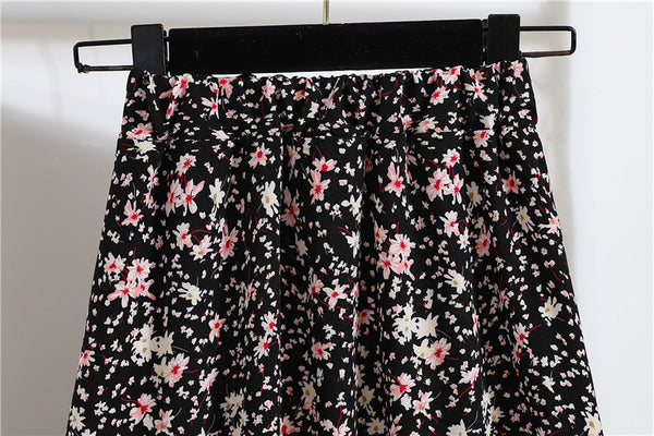 Great Look Summer Vintage Women Fashion Daisy Floral Printed Black High Waist Long Pleated Maxi Girly Skirt Skirts Dress