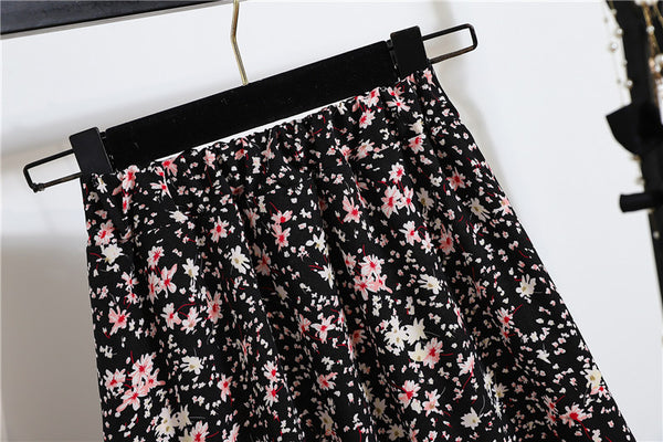 Great Look Summer Vintage Women Fashion Daisy Floral Printed Black High Waist Long Pleated Maxi Girly Skirt Skirts Dress