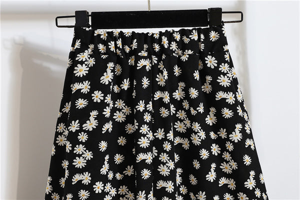 Lovely Summer Vintage Women Fashion Bellis Daisy Floral Printed Black High Waist Long Pleated Maxi Girly Skirt Skirts Dress