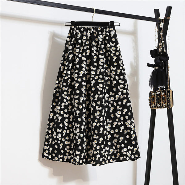 Lovely Summer Vintage Women Fashion Bellis Daisy Floral Printed Black High Waist Long Pleated Maxi Girly Skirt Skirts Dress